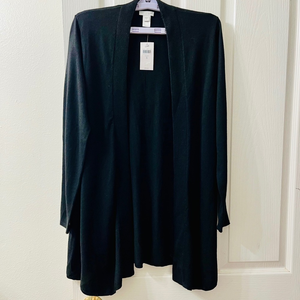 J.Jill Cardigan Womens Small Black Wool Blend Open Front Longline Shawl Collar